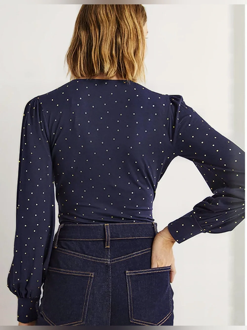 NWT BODEN Blouson Wrap Top Navy blue Gold Polka Dot Size 16/18